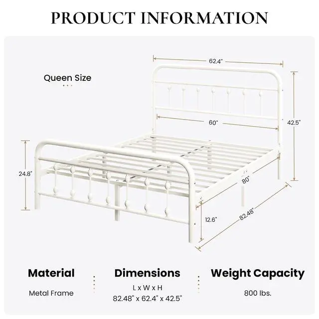 Alt view image 2 of 7 - Queen Size Metal Platform Bed Frame with Victorian Style Iron-Art Headboard and Footboard, Easy Assembly, Under Bed Storage, No Box Spring Required, Off White