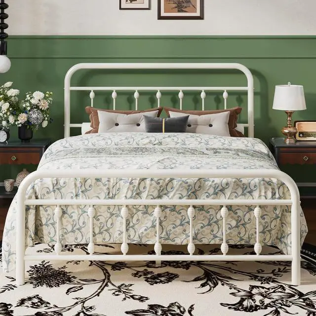 Main image of Queen Size Metal Platform Bed Frame with Victorian Style Iron-Art Headboard and Footboard, Easy Assembly, Under Bed Storage, No Box Spring Required, Off White