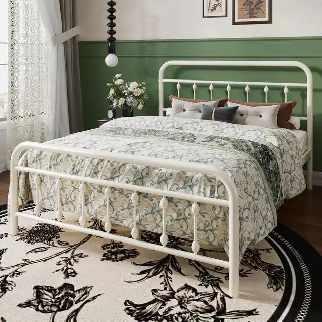 Alt view image 3 of 7 - Queen Size Metal Platform Bed Frame with Victorian Style Iron-Art Headboard and Footboard, Easy Assembly, Under Bed Storage, No Box Spring Required, Off White