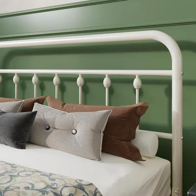 Alt view image 4 of 7 - Queen Size Metal Platform Bed Frame with Victorian Style Iron-Art Headboard and Footboard, Easy Assembly, Under Bed Storage, No Box Spring Required, Off White