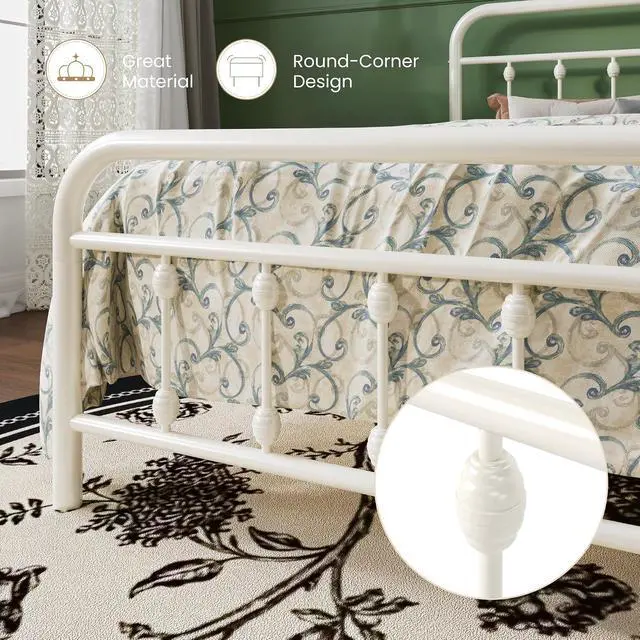 Alt view image 5 of 7 - Queen Size Metal Platform Bed Frame with Victorian Style Iron-Art Headboard and Footboard, Easy Assembly, Under Bed Storage, No Box Spring Required, Off White