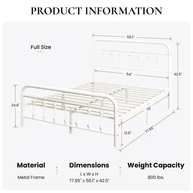 Alt view image 2 of 7 - Full Size Metal Platform Bed Frame with Victorian Style Iron-Art Headboard and Footboard, Easy Assembly, Under Bed Storage, No Box Spring Required, Off White