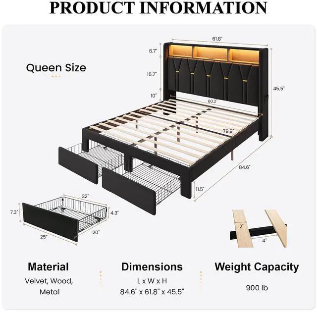 Alt view image 2 of 7 - Queen Velvet Platform Bed Frame with 2 Storage Drawers, LED Storage Headboard with Charging Station, Upholstered Wingback Headboard, Noise-Free, No Box Spring Needed, Easy Assembly, Black
