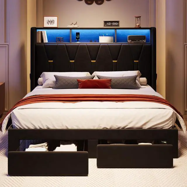 Alt view image 3 of 7 - Queen Velvet Platform Bed Frame with 2 Storage Drawers, LED Storage Headboard with Charging Station, Upholstered Wingback Headboard, Noise-Free, No Box Spring Needed, Easy Assembly, Black