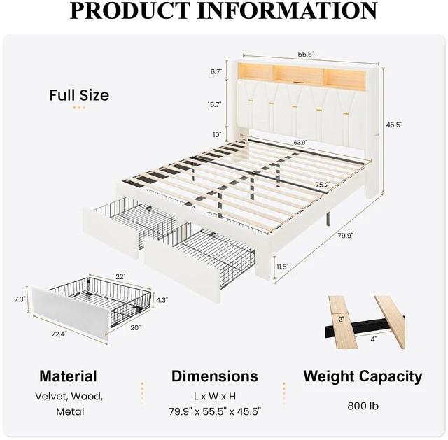 Alt view image 2 of 7 - Full Velvet Platform Bed Frame with 2 Storage Drawers, LED Storage Headboard with Charging Station, Upholstered Wingback Headboard, Noise-Free, No Box Spring Needed, Easy Assembly, White