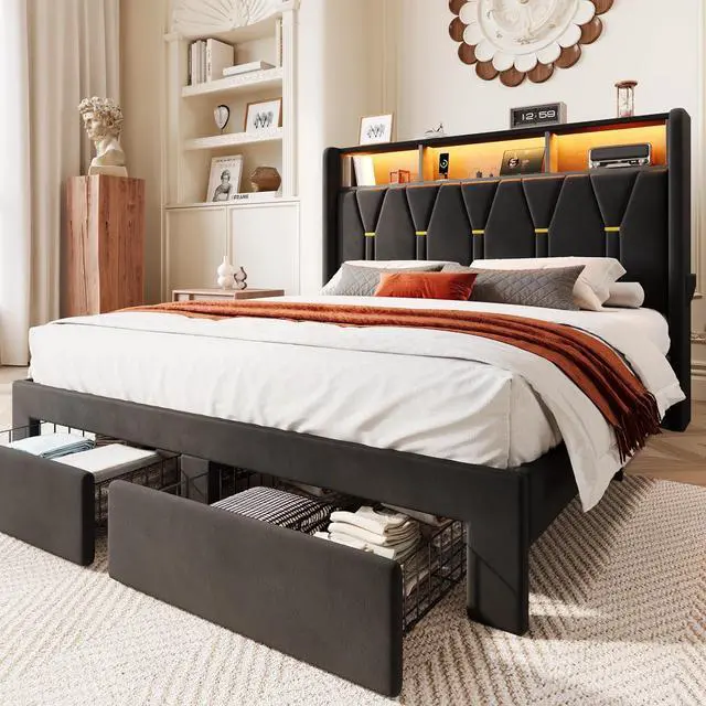 Main image of Queen Velvet Platform Bed Frame with 2 Storage Drawers, LED Storage Headboard with Charging Station, Upholstered Wingback Headboard, Noise-Free, No Box Spring Needed, Easy Assembly, Black