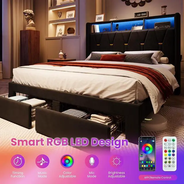 Alt view image 4 of 7 - Queen Velvet Platform Bed Frame with 2 Storage Drawers, LED Storage Headboard with Charging Station, Upholstered Wingback Headboard, Noise-Free, No Box Spring Needed, Easy Assembly, Black