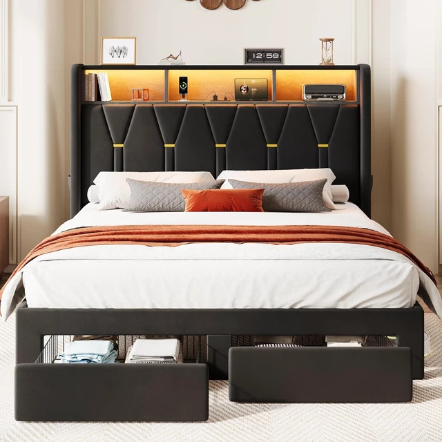 Alt view image 3 of 7 - Full Velvet Platform Bed Frame with 2 Storage Drawers, LED Storage Headboard with Charging Station, Upholstered Wingback Headboard, Noise-Free, No Box Spring Needed, Easy Assembly, Black