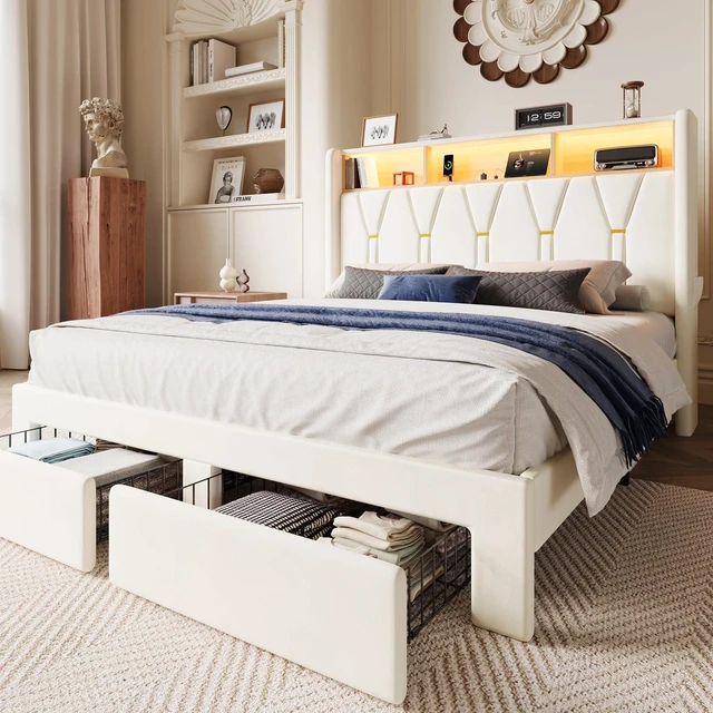 Main image of Full Velvet Platform Bed Frame with 2 Storage Drawers, LED Storage Headboard with Charging Station, Upholstered Wingback Headboard, Noise-Free, No Box Spring Needed, Easy Assembly, White