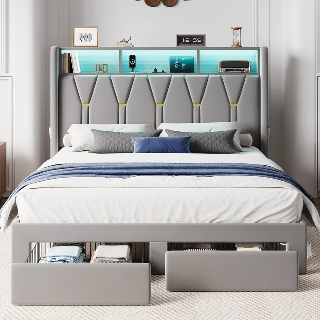 Alt view image 3 of 7 - Full Velvet Platform Bed Frame with 2 Storage Drawers, LED Storage Headboard with Charging Station, Upholstered Wingback Headboard, Noise-Free, No Box Spring Needed, Easy Assembly, Grey