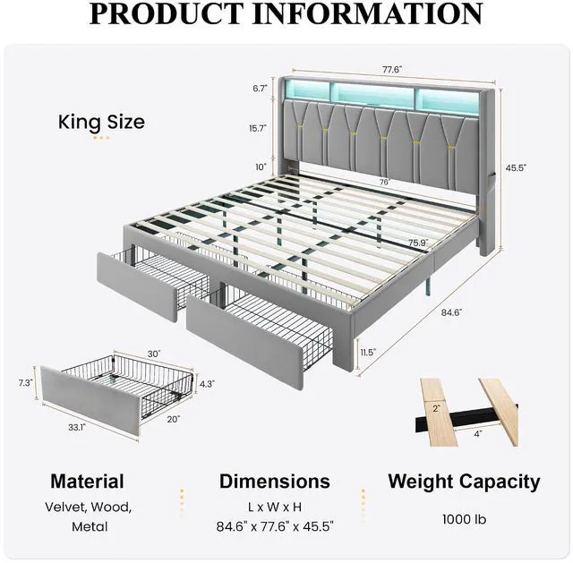 Alt view image 2 of 7 - Velvet King Platform Bed Frame with 2 Storage Drawers, LED Storage Headboard with Charging Station, Wingback Upholstered, Noise Free, No Box Spring Needed, Easy Assembly, Grey