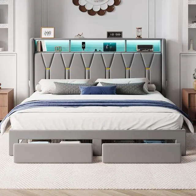 Alt view image 3 of 7 - Velvet King Platform Bed Frame with 2 Storage Drawers, LED Storage Headboard with Charging Station, Wingback Upholstered, Noise Free, No Box Spring Needed, Easy Assembly, Grey