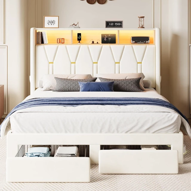 Alt view image 3 of 7 - Full Velvet Platform Bed Frame with 2 Storage Drawers, LED Storage Headboard with Charging Station, Upholstered Wingback Headboard, Noise-Free, No Box Spring Needed, Easy Assembly, White