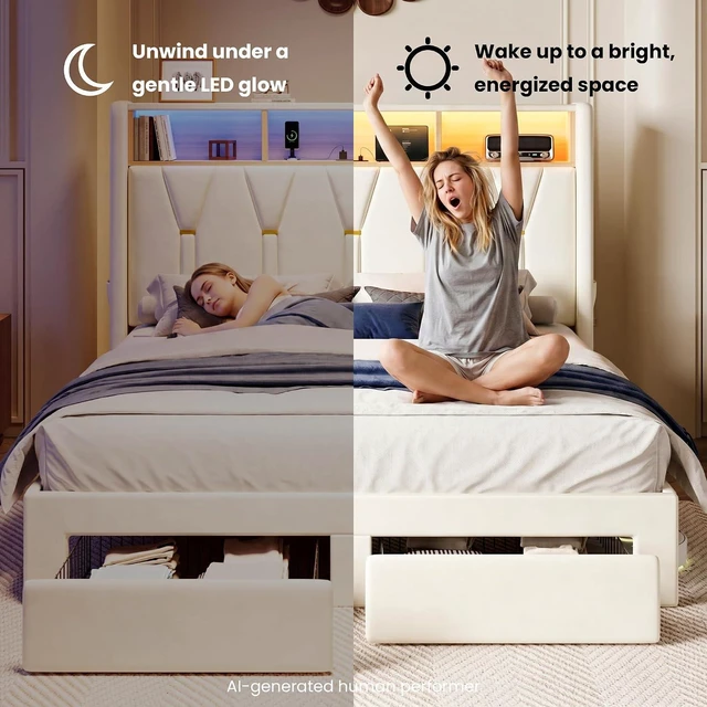Alt view image 4 of 7 - Full Velvet Platform Bed Frame with 2 Storage Drawers, LED Storage Headboard with Charging Station, Upholstered Wingback Headboard, Noise-Free, No Box Spring Needed, Easy Assembly, White