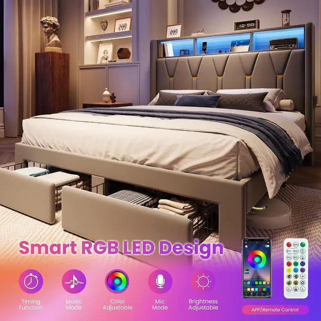 Alt view image 4 of 7 - Queen Velvet Platform Bed Frame with 2 Storage Drawers, LED Storage Headboard with Charging Station, Upholstered Wingback Headboard, Noise-Free, No Box Spring Needed, Easy Assembly, Grey
