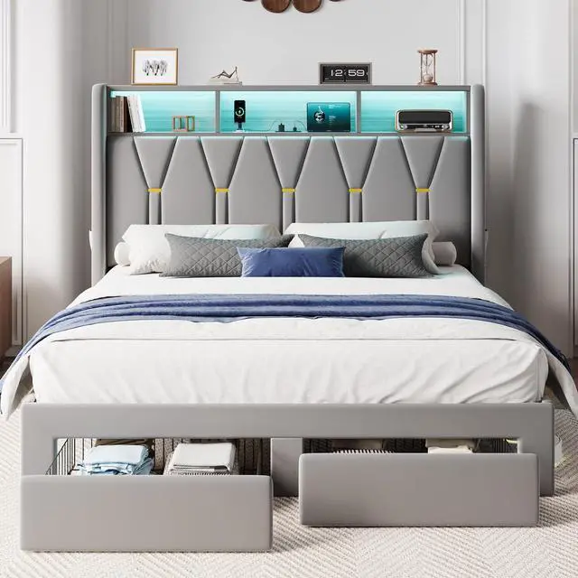 Alt view image 3 of 7 - Queen Velvet Platform Bed Frame with 2 Storage Drawers, LED Storage Headboard with Charging Station, Upholstered Wingback Headboard, Noise-Free, No Box Spring Needed, Easy Assembly, Grey