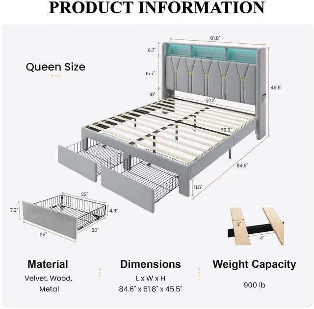 Alt view image 2 of 7 - Queen Velvet Platform Bed Frame with 2 Storage Drawers, LED Storage Headboard with Charging Station, Upholstered Wingback Headboard, Noise-Free, No Box Spring Needed, Easy Assembly, Grey