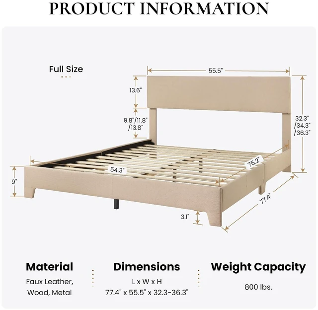 Alt view image 2 of 7 - Linen Upholstered Full Size Bed Frame with Headboard, Beige | Adjustable Low-Profile Platform Bed, Minimalist Design, Stable Mattress Foundation, Strong Back-Support, No Box Spring Needed