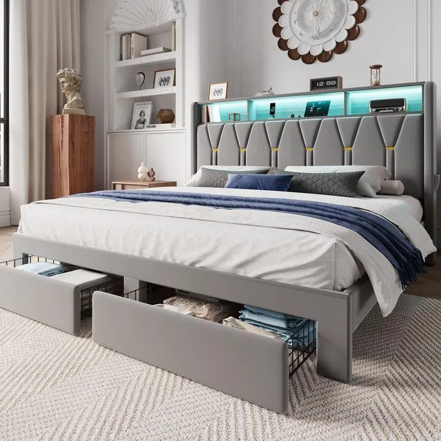 Main image of Velvet King Platform Bed Frame with 2 Storage Drawers, LED Storage Headboard with Charging Station, Wingback Upholstered, Noise Free, No Box Spring Needed, Easy Assembly, Grey