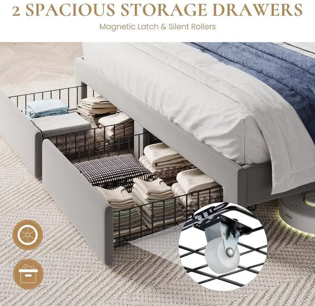 Alt view image 6 of 7 - Queen Velvet Platform Bed Frame with 2 Storage Drawers, LED Storage Headboard with Charging Station, Upholstered Wingback Headboard, Noise-Free, No Box Spring Needed, Easy Assembly, Grey