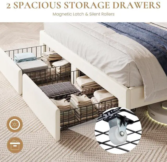 Alt view image 6 of 7 - Velvet King Platform Bed Frame with 2 Storage Drawers, LED Storage Headboard with Charging Station, Wingback Upholstered, Noise Free, No Box Spring Needed, Easy Assembly, White