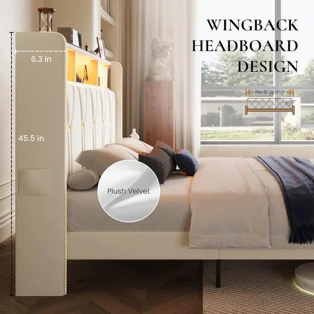 Alt view image 7 of 7 - Velvet King Platform Bed Frame with 2 Storage Drawers, LED Storage Headboard with Charging Station, Wingback Upholstered, Noise Free, No Box Spring Needed, Easy Assembly, White