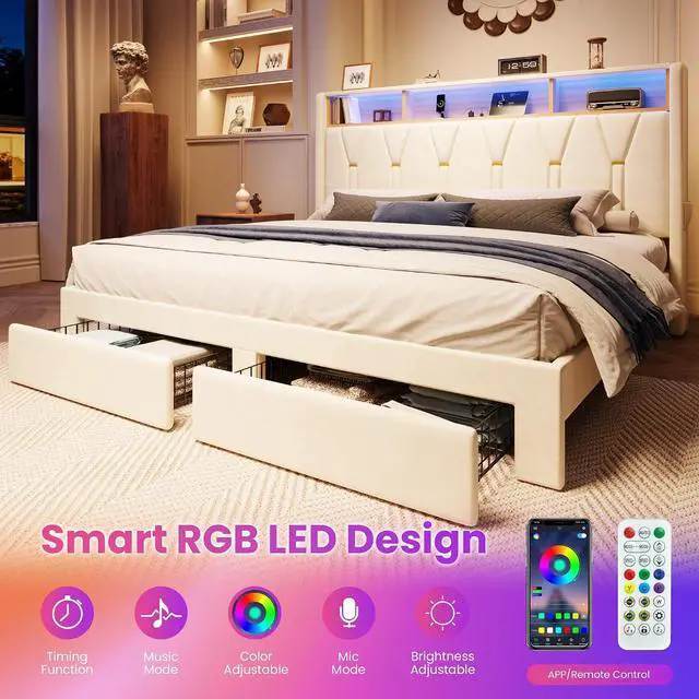 Alt view image 4 of 7 - Velvet King Platform Bed Frame with 2 Storage Drawers, LED Storage Headboard with Charging Station, Wingback Upholstered, Noise Free, No Box Spring Needed, Easy Assembly, White