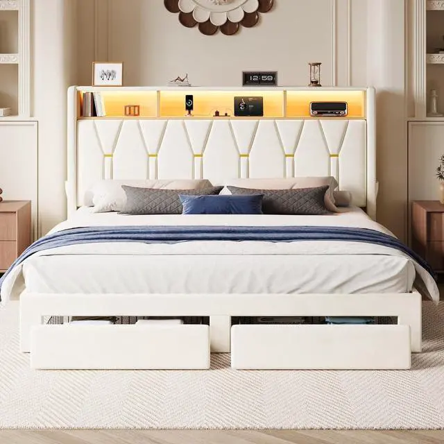 Alt view image 3 of 7 - Velvet King Platform Bed Frame with 2 Storage Drawers, LED Storage Headboard with Charging Station, Wingback Upholstered, Noise Free, No Box Spring Needed, Easy Assembly, White