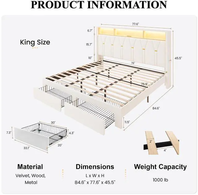 Alt view image 2 of 7 - Velvet King Platform Bed Frame with 2 Storage Drawers, LED Storage Headboard with Charging Station, Wingback Upholstered, Noise Free, No Box Spring Needed, Easy Assembly, White