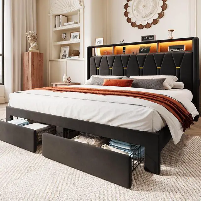 Main image of Velvet King Platform Bed Frame with 2 Storage Drawers, LED Storage Headboard with Charging Station, Wingback Upholstered, Noise Free, No Box Spring Needed, Easy Assembly, Black