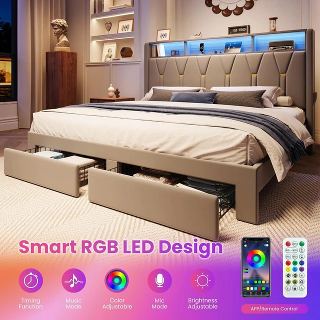 Alt view image 4 of 7 - Velvet King Platform Bed Frame with 2 Storage Drawers, LED Storage Headboard with Charging Station, Wingback Upholstered, Noise Free, No Box Spring Needed, Easy Assembly, Grey