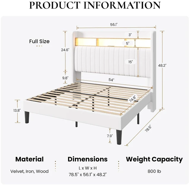 Alt view image 2 of 7 - Full Size Platform Bed Frame / 2-Tier Storage Shelf/Velvet Wingback Upholstered Headboard/LED Lights and Charging Station/No Box Spring Needed/Noise-Free/Easy Assembly/White