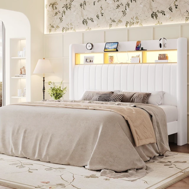 Main image of Full Size Platform Bed Frame / 2-Tier Storage Shelf/Velvet Wingback Upholstered Headboard/LED Lights and Charging Station/No Box Spring Needed/Noise-Free/Easy Assembly/White