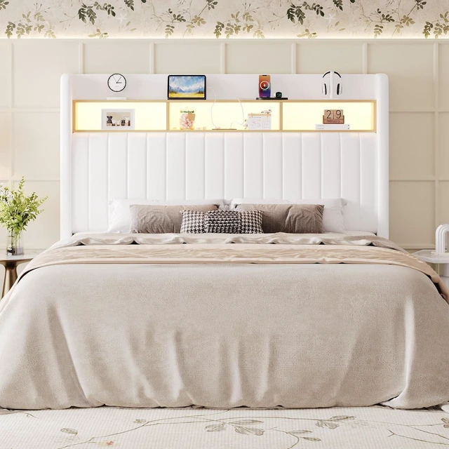 Alt view image 3 of 7 - Full Size Platform Bed Frame / 2-Tier Storage Shelf/Velvet Wingback Upholstered Headboard/LED Lights and Charging Station/No Box Spring Needed/Noise-Free/Easy Assembly/White