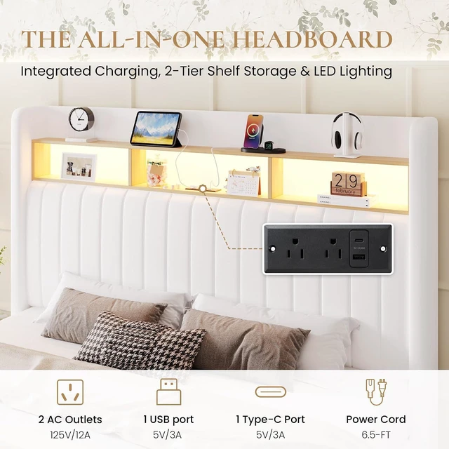 Alt view image 4 of 7 - Full Size Platform Bed Frame / 2-Tier Storage Shelf/Velvet Wingback Upholstered Headboard/LED Lights and Charging Station/No Box Spring Needed/Noise-Free/Easy Assembly/White