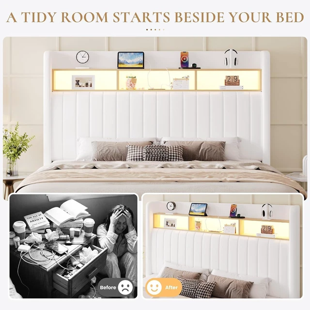 Alt view image 5 of 7 - Full Size Platform Bed Frame / 2-Tier Storage Shelf/Velvet Wingback Upholstered Headboard/LED Lights and Charging Station/No Box Spring Needed/Noise-Free/Easy Assembly/White
