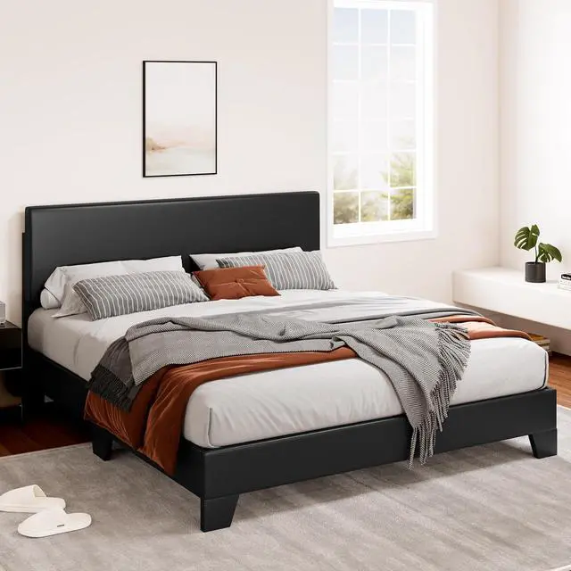 Alt view image 3 of 7 - PU Leather Upholstered Queen Size Bed Frame with Headboard,Black | Adjustable Low-Profile Platform Bed, Minimalist Design, Stable Mattress Foundation, Strong Back-Support, No Box Spring Needed