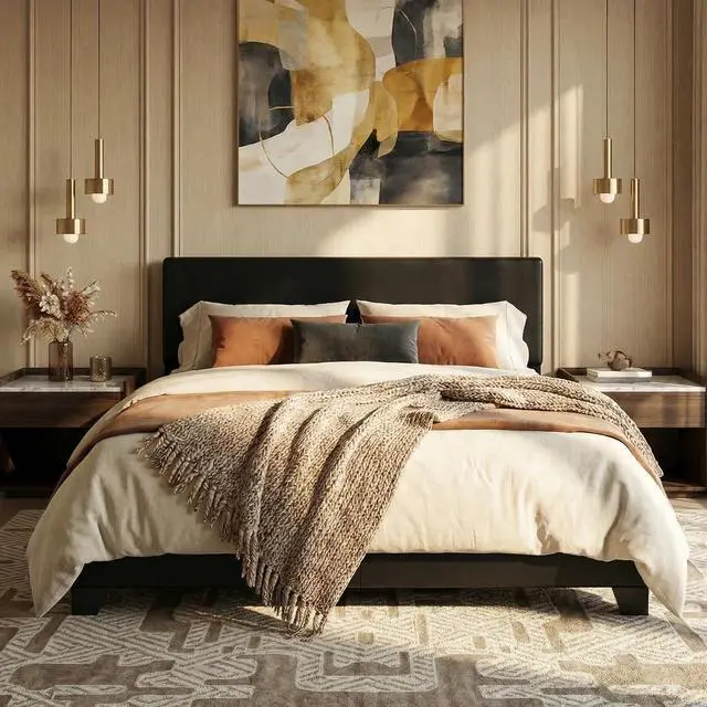 Main image of PU Leather Upholstered Queen Size Bed Frame with Headboard,Black | Adjustable Low-Profile Platform Bed, Minimalist Design, Stable Mattress Foundation, Strong Back-Support, No Box Spring Needed