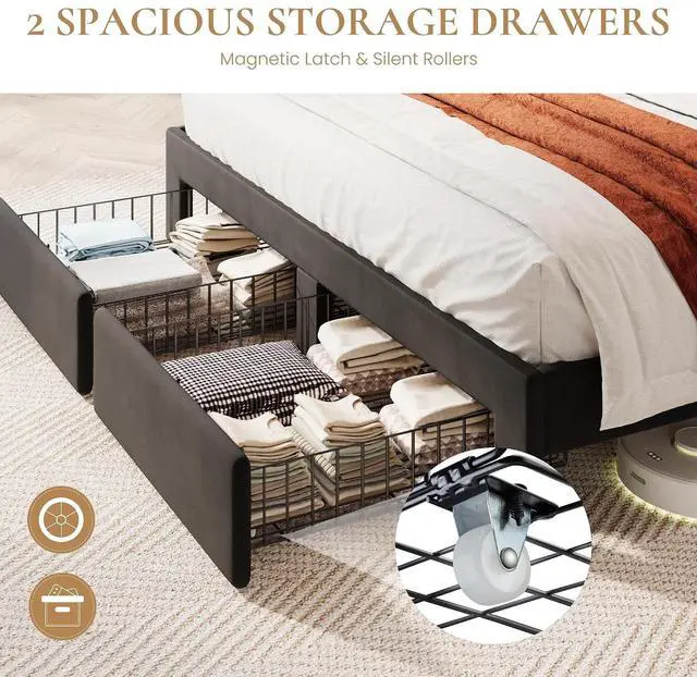 Alt view image 6 of 7 - Queen Velvet Platform Bed Frame with 2 Storage Drawers, LED Storage Headboard with Charging Station, Upholstered Wingback Headboard, Noise-Free, No Box Spring Needed, Easy Assembly, Black