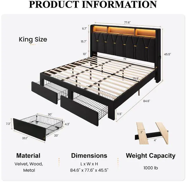 Alt view image 2 of 7 - Velvet King Platform Bed Frame with 2 Storage Drawers, LED Storage Headboard with Charging Station, Wingback Upholstered, Noise Free, No Box Spring Needed, Easy Assembly, Black