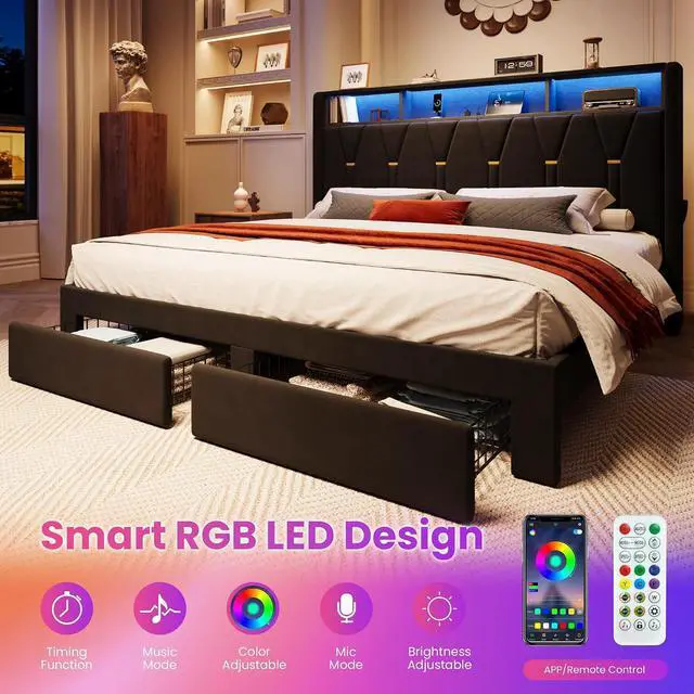 Alt view image 3 of 7 - Velvet King Platform Bed Frame with 2 Storage Drawers, LED Storage Headboard with Charging Station, Wingback Upholstered, Noise Free, No Box Spring Needed, Easy Assembly, Black
