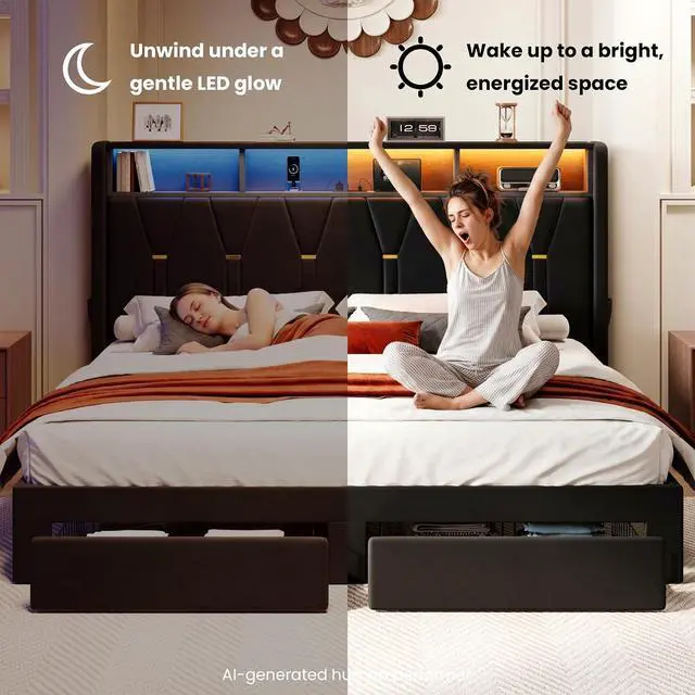 Alt view image 7 of 7 - Velvet King Platform Bed Frame with 2 Storage Drawers, LED Storage Headboard with Charging Station, Wingback Upholstered, Noise Free, No Box Spring Needed, Easy Assembly, Black