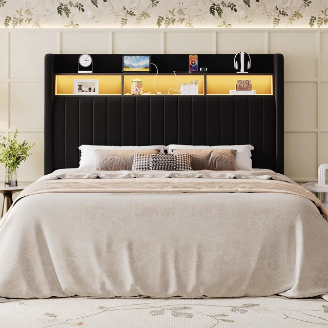 Alt view image 3 of 7 - Full Size Platform Bed Frame / 2-Tier Storage Shelf/Velvet Wingback Upholstered Headboard/LED Lights and Charging Station/No Box Spring Needed/Noise-Free/Easy Assembly/Black