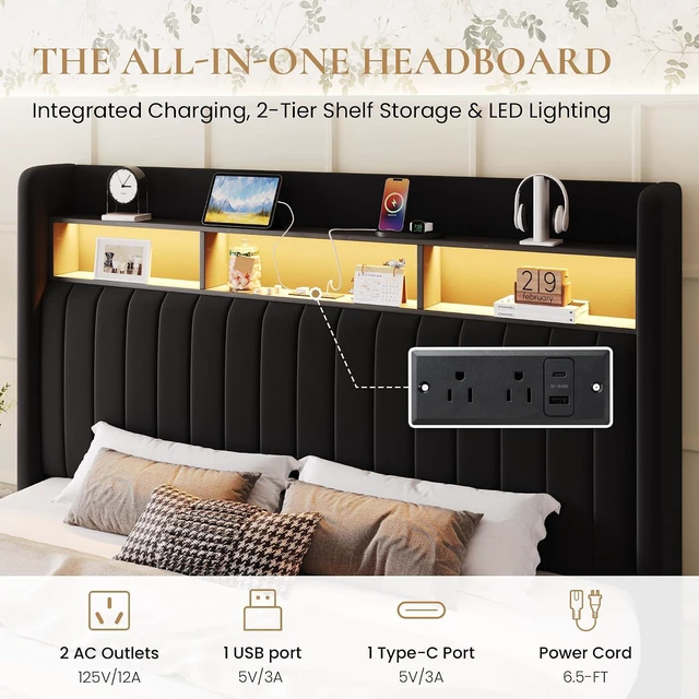 Alt view image 4 of 7 - Full Size Platform Bed Frame / 2-Tier Storage Shelf/Velvet Wingback Upholstered Headboard/LED Lights and Charging Station/No Box Spring Needed/Noise-Free/Easy Assembly/Black