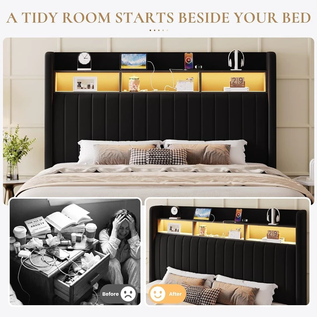 Alt view image 5 of 7 - Full Size Platform Bed Frame / 2-Tier Storage Shelf/Velvet Wingback Upholstered Headboard/LED Lights and Charging Station/No Box Spring Needed/Noise-Free/Easy Assembly/Black