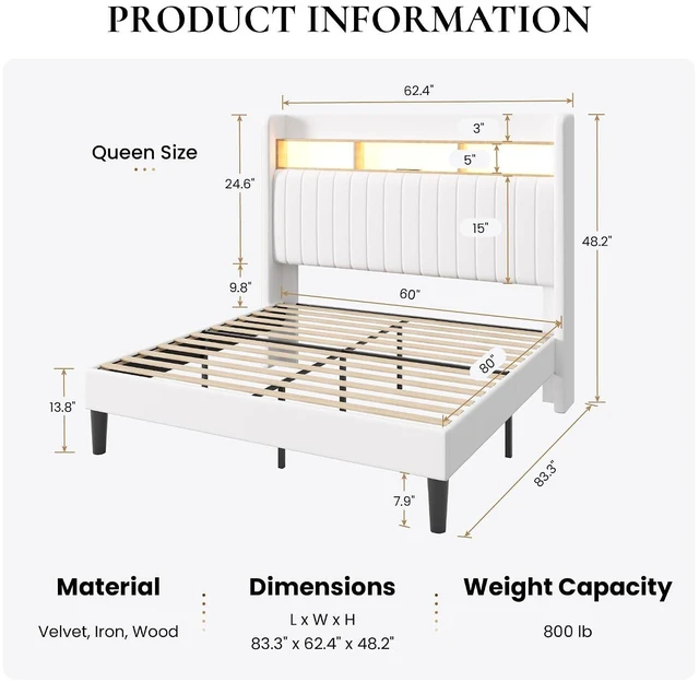 Alt view image 2 of 7 - Queen Size Platform Bed Frame / 2-Tier Storage Shelf/Velvet Wingback Upholstered Headboard/LED Lights and Charging Station/No Box Spring Needed/Noise-Free/Easy Assembly/White