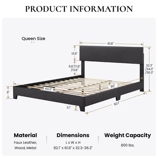 Alt view image 7 of 7 - PU Leather Upholstered Queen Size Bed Frame with Headboard,Black | Adjustable Low-Profile Platform Bed, Minimalist Design, Stable Mattress Foundation, Strong Back-Support, No Box Spring Needed