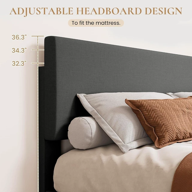 Alt view image 2 of 7 - Linen Upholstered King Size Bed Frame with Headboard, Dark Gray | Adjustable Low-Profile Platform Bed, Minimalist Design, Stable Mattress Foundation, Strong Back-Support, No Box Spring Needed