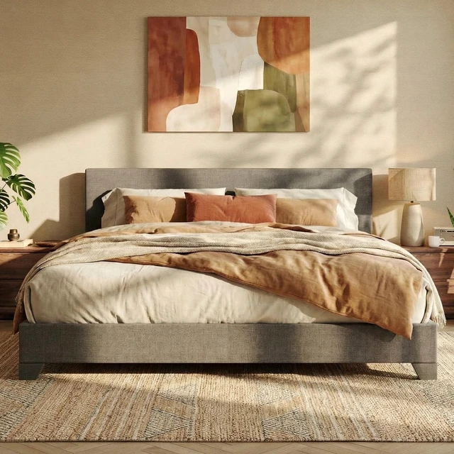 Main image of Linen Upholstered King Size Bed Frame with Headboard, Dark Gray | Adjustable Low-Profile Platform Bed, Minimalist Design, Stable Mattress Foundation, Strong Back-Support, No Box Spring Needed