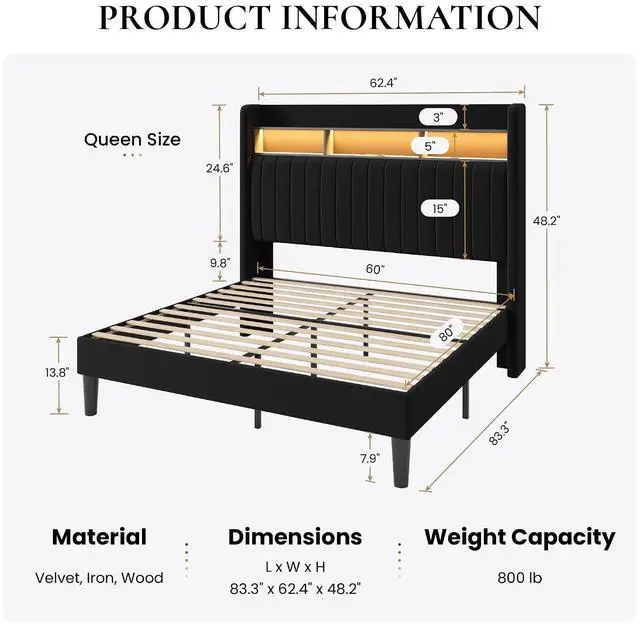 Alt view image 2 of 7 - Queen Size Platform Bed Frame / 2-Tier Storage Shelf/Velvet Wingback Upholstered Headboard/LED Lights and Charging Station/No Box Spring Needed/Noise-Free/Easy Assembly/Black